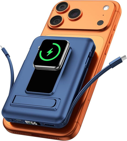 Vexnara for Magsafe Battery Pack, 10000mAh Power Bank for iPhone with Built-in Cables, 20W Fast Charging Magnetic Wireless Portable Charger with Stand for iPhone 17/16/15/14/13/12/Apple Watch Series