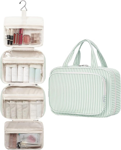 Narwey Striped Travel Toiletry Bag for Women Large Hanging Makeup Bag Organizer Toiletries Bag for Full Size Essentials Accessories Cosmetics (Mint Green Stripe (Large))