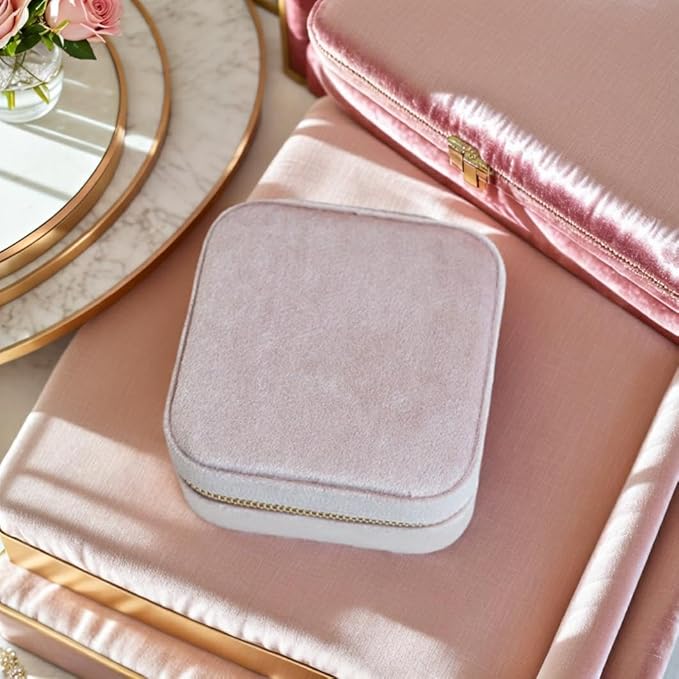 Velvet Jewelry Box, Small Travel Jewelry Organizer, Portable Jewelry Case for Women with Mirror, Pink Mini Plush Travel Box