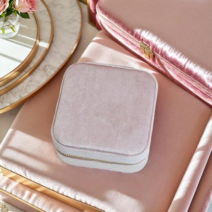 Velvet Jewelry Box, Small Travel Jewelry Organizer, Portable Jewelry Case for Women with Mirror, Pink Mini Plush Travel Box