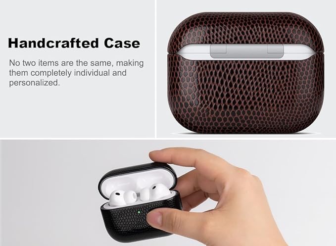 Handmade Case - for AirPods Pro 2 Case Cover - Selected Vegan Leather, Lizard Skin Texture, Drop Protective Hard Shell Cover for AirPods Pro 2nd Generation Earbuds - Coffee