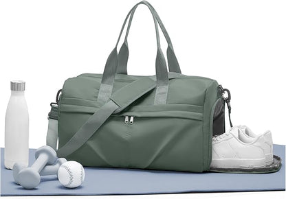 Gym Bag for Women Men with Shoe Compartment, Sport Duffel Bag, Waterproof Travel Weekender Overnight Carry on Bag for Yoga with Trolley Sleeve, Green