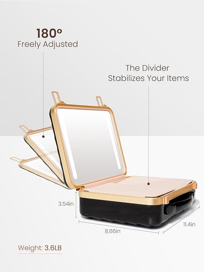 ROWNYEON Travel Makeup Case With Light Up Mirror Portable Train Case Organizer Make up Box for Girls Makeup Artist Hairstylist Casewith 5x Mirror Black