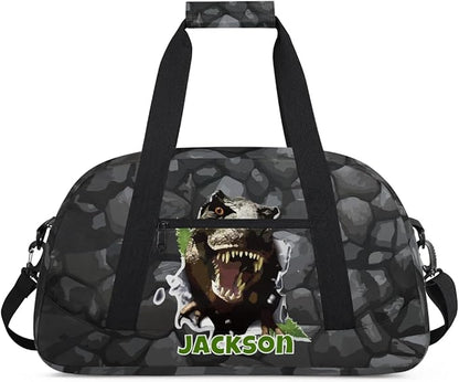 Personalized Duffel Bag for Kids Girls Boys, Scary Dinosaur Custom Name Gym Bag Overnight with Padded Handles Carry On Weekend Sports Travel Bag for School Practice Gymnastics Ballet