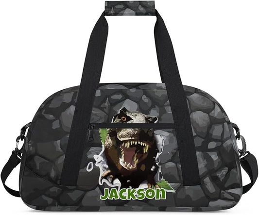 Personalized Duffel Bag for Kids Girls Boys, Scary Dinosaur Custom Name Gym Bag Overnight with Padded Handles Carry On Weekend Sports Travel Bag for School Practice Gymnastics Ballet
