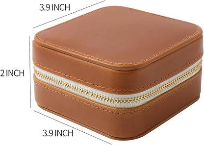 Genuine Leather Travel Jewelry Organizer Case with Mirror for Women, Small Mini Portable Jewelry Box for Earring, Ring, Necklace, Bracelet（Brown）