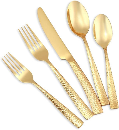 Silverware Set Flatware Set Gold Hammered Handle Cutlery Set Stainless Steel Shiny Mirror Polished Brass 20 Pieces Dishwasher Safe Service for 4
