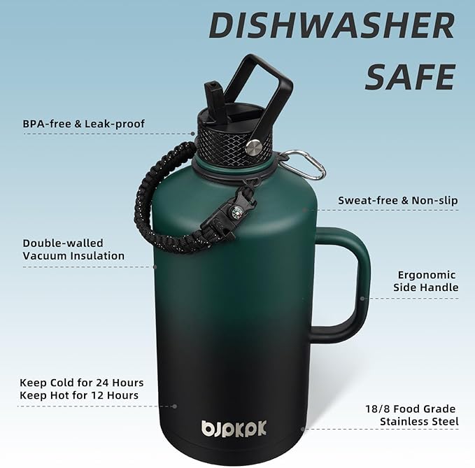 BJPKPK 1 Gallon Water Bottle Insulated with Straw Lid, 50oz,64oz,87oz,128oz Large, Stainless Steel Water Bottles with 3 Lids and Paracord Strap,Double Wall Vacuum Metal Water Jug,Army Green&Black