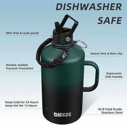 BJPKPK 1 Gallon Water Bottle Insulated with Straw Lid, 50oz,64oz,87oz,128oz Large, Stainless Steel Water Bottles with 3 Lids and Paracord Strap,Double Wall Vacuum Metal Water Jug,Army Green&Black