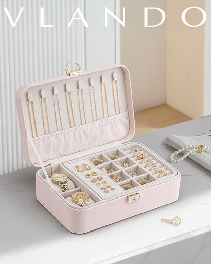 Vlando 2 Layer Jewelry Box,Jewelry Organizer Storage Lockable Earring Organizer Removable Jewelry Tray with Watch Pillow for Neckable Ring Bracelets-Apricot Pink