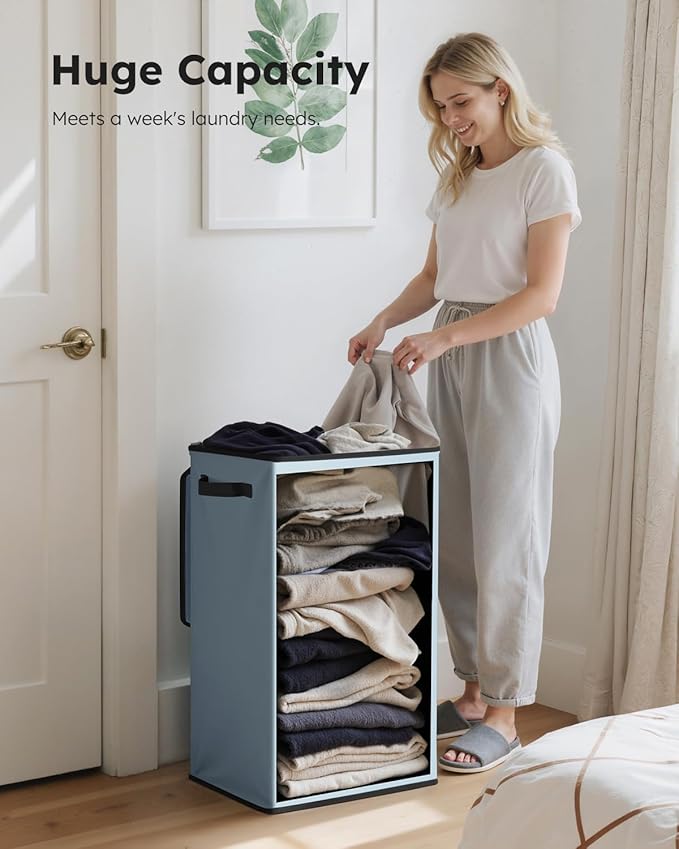 SOLEDI Laundry Hamper with Lid 90L Large & Tall Collapsible Laundry Basket, Clothes Hamper with Bag Removable Easy to Carry, Dirty Hampers for Bedroom, Bathroom, Dorm, College, Blue Grey
