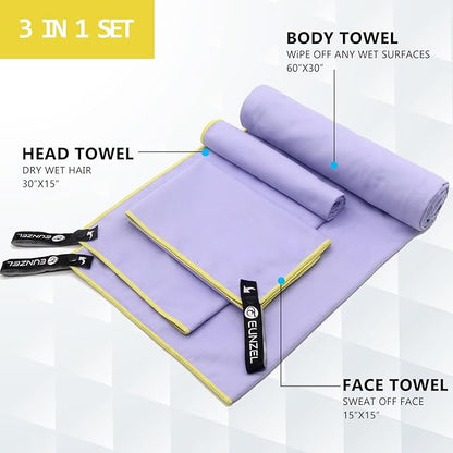 Eunzel Quick Dry Camping Towel, Microfiber Travel Towel 3 Size at 1 Pack,Fast Drying Towel Set for Camping, Beach, Gym, Sports, Yoga & Swimming Pool, Taro Purple