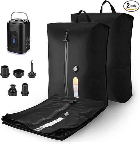 2 Pack vacuum seal bags for clothing, Travel Vacuum Bags with Pump, Reusable Compreesion Storage Bags luggage & Closet, Portable Space Save Bags, Waterproof & Durable