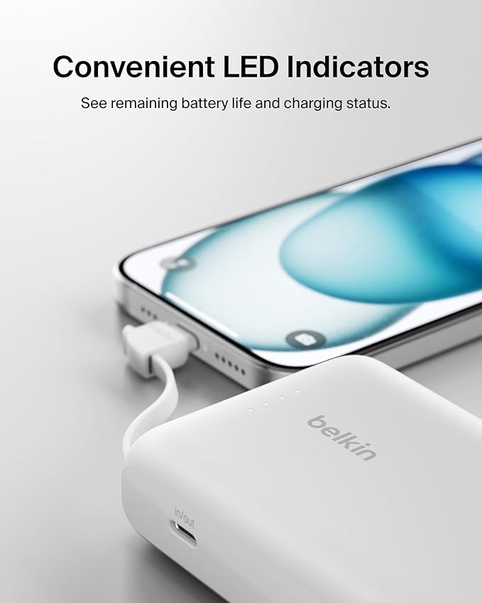 Belkin Portable Charger, Power Bank with Integrated Cable 10000 mAh 20W - Fast Charge USB C Power Delivery - iPhone 17, Air, Pro, Pro Max, iPad, AirPods, Apple Watch, Galaxy S25, & More - White