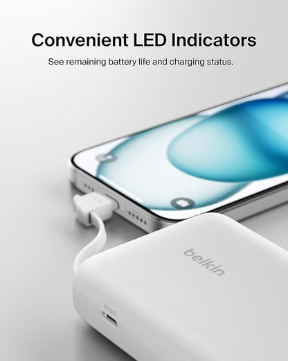 Belkin Portable Charger, Power Bank with Integrated Cable 10000 mAh 20W - Fast Charge USB C Power Delivery - iPhone 17, Air, Pro, Pro Max, iPad, AirPods, Apple Watch, Galaxy S25, & More - White