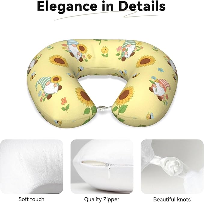Funny Neck Pillow Support for Car Flight Rest Honey Bees Cute Gnome Sunflower Floral, Memory Foam U Shaped Decor Head Cushion for Home Outdoors Travel