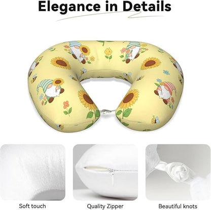 Funny Neck Pillow Support for Car Flight Rest Honey Bees Cute Gnome Sunflower Floral, Memory Foam U Shaped Decor Head Cushion for Home Outdoors Travel