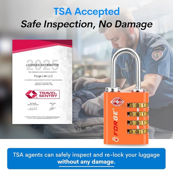 Forge Dual-Opening: Key or Combination Access Lock, TSA Approved Locks for Luggage, Pelican case, Travel, Gym, School, Stainless Steel Shackle.(Orange, 2 Pk)