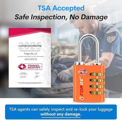 Forge Dual-Opening: Key or Combination Access Lock, TSA Approved Locks for Luggage, Pelican case, Travel, Gym, School, Stainless Steel Shackle.(Orange, 2 Pk)