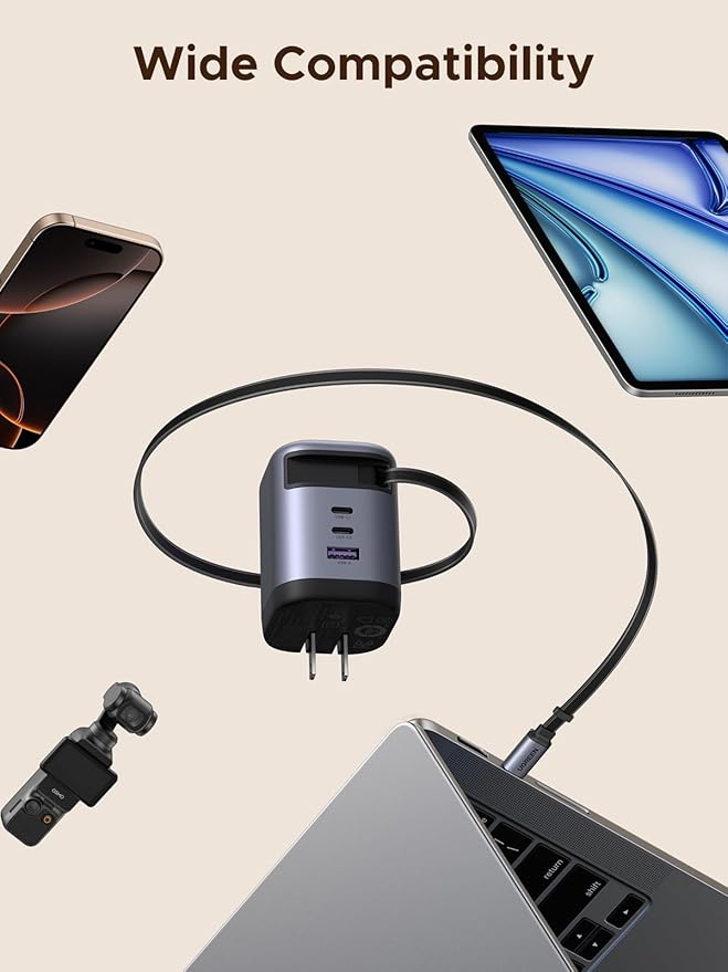 UGREEN Nexode 100W GaN USB C Retractable Charger with Built-in Cable, 3-Port Fast Charging Wall Adapter for Laptop, MacBook Pro/Air, iPhone 17/16, Galaxy S25, Pixel, iPad, MatePad, DJI Drone