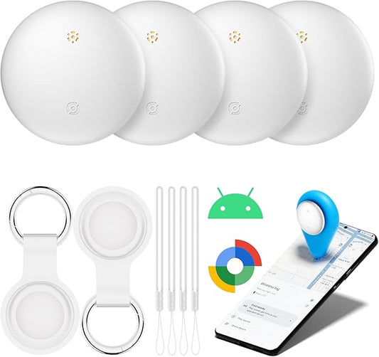 Air Tracker Tags-4 Pack for Android with Case- Bluetooth Tracker Item Finder for Key, Wallet, Luggage - Works with Google Find Hub, IP66 Waterproof, Smart Tag for Android & Samsung Phones(White)