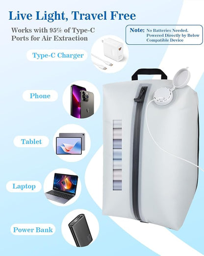 2025 Professional Vacuum Bags with Built-in Pump, 30L Vacuum Seal Bags with See-through Window, Space Saver Bags for Clothing Travel IP67, Reusable Compression Bag (Silver White 1PC)