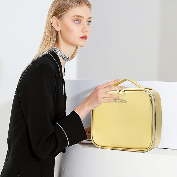 Makeup Case with Mirror and Lights, Travel Makeup Bag with Light up Mirror, Partitionable Cosmetic Bag with 3 Color Lights, Make up Organizer with Adjustable Dividers Large Brush Board