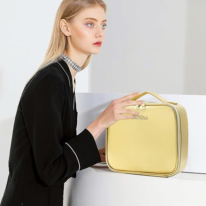 Makeup Case with Mirror and Lights, Travel Makeup Bag with Light up Mirror, Partitionable Cosmetic Bag with 3 Color Lights, Make up Organizer with Adjustable Dividers Large Brush Board