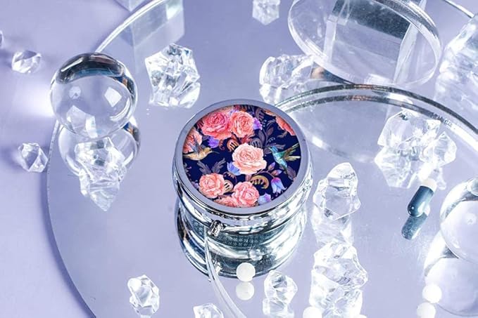 Pill Box,Flowers and Hummingbirds Round Pill Box 3 Compartment Decorative Pocket Purse Portable Mini Travel Medicine Tablet Vitamin Holder Organizer Pill Case