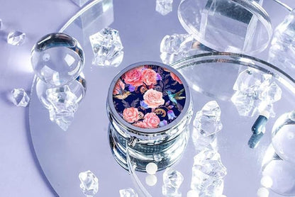 Pill Box,Flowers and Hummingbirds Round Pill Box 3 Compartment Decorative Pocket Purse Portable Mini Travel Medicine Tablet Vitamin Holder Organizer Pill Case