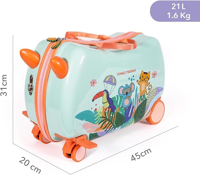 MILK&MOO Rideable Kids Suitcase Jungle Friends, Fun and Safe, Durable, Spacious and Ergonomic Design, 360° Swivel Wheels, for Children Aged 2-6 Years, 21 L, Maximum Riding Weight 50 kg / 110 Lb