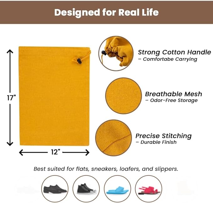 LFH Cotton Rich Shoe Storage Bags with Drawstring, Dustproof Breathable Reusable Organizer, Perfect For Travel, Dorm, Hotel, College, Gym, Easy to Carry, Machine Washable 12"x17" (Pack of 2) - Golden