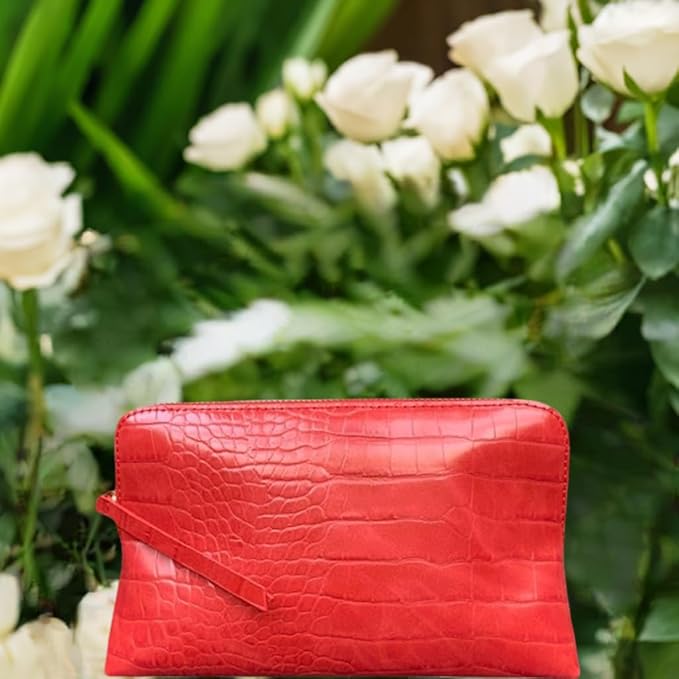 Crimson Rêve Crocodile Cosmetic Bag – Elegant Red Makeup Organizer with Vegan Premium Crocodile Texture, Travel-Ready, Spacious Design