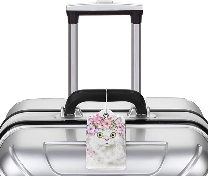 2 Pcs Cute White Cat with Pink Flowers Pattern Leather Luggage Tags, Funny Animal-Themed Suitcase Labels Bag Tag Name ID Labels with Privacy Cover for Teen Kids Adults