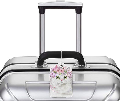 2 Pcs Cute White Cat with Pink Flowers Pattern Leather Luggage Tags, Funny Animal-Themed Suitcase Labels Bag Tag Name ID Labels with Privacy Cover for Teen Kids Adults