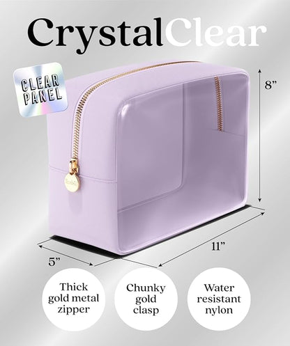 Embla London Makeup Bag Cosmetic Case, Clear Zipper Make Up Pouch and Toiletry Travel Tote, Cute Skincare Pouches for Women Girls, Preppy Purse Cosmetic Organizer, Large Makeup Bags, Lilac