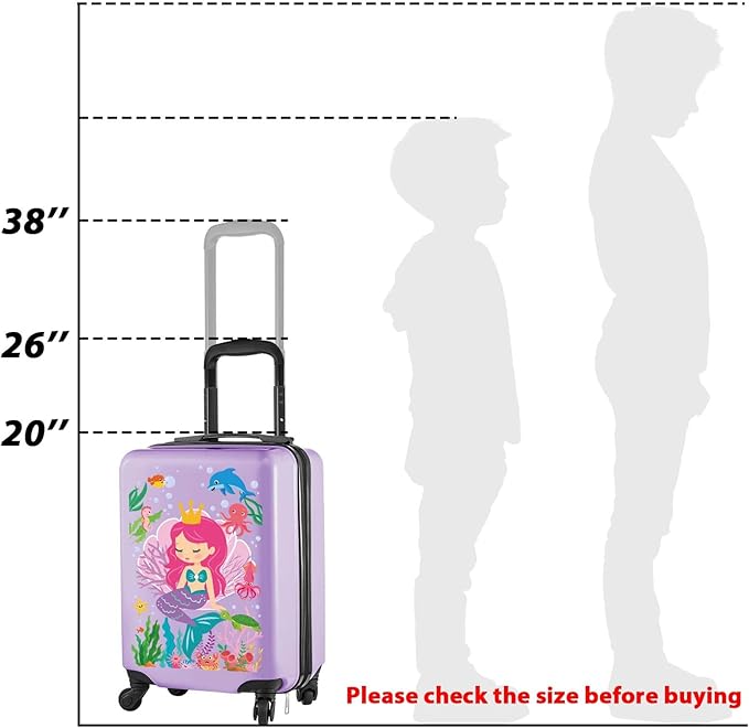 Sanwuta 4 Pcs Kids Luggage Set Backpack Travel Rolling Suitcase U-shape Pillow Christmas Children Gift for Girls Boys(20 Inch,Mermaid Style,Purple)