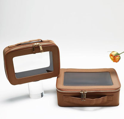 SANHECUN Cosmetic Case with Zipper TSA Approved Storage Box Travel Organizer Pouch Toiletry Portable Makeup Bag Cosmetic Set (2, Brown)