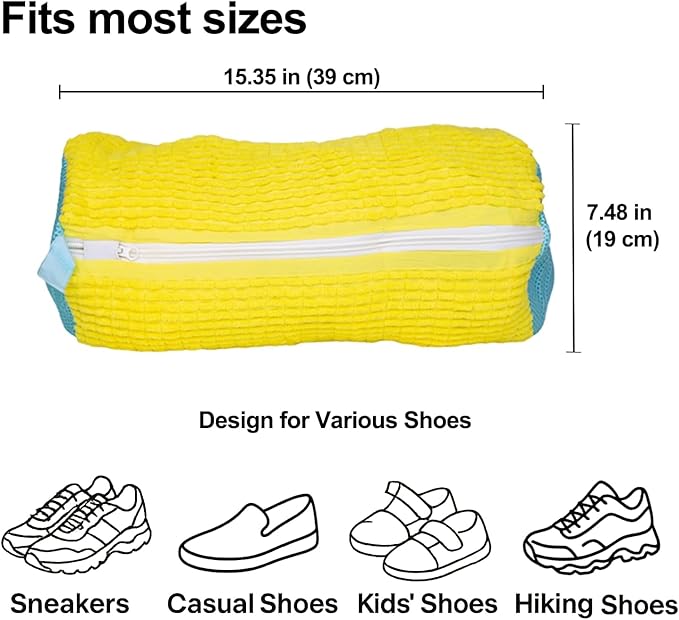 4 Pcs Shoe Washing Machine Bag, Laundry Shoe Bags for Washer and Dryer with Chenille Liner, Large Reusable Mesh Bag for Sneakers, Gym, Tennis, Sports, Delicate, 2 Color Mix(Yellow+Gray)