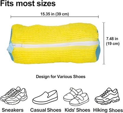 4 Pcs Shoe Washing Machine Bag, Laundry Shoe Bags for Washer and Dryer with Chenille Liner, Large Reusable Mesh Bag for Sneakers, Gym, Tennis, Sports, Delicate, 2 Color Mix(Yellow+Gray)