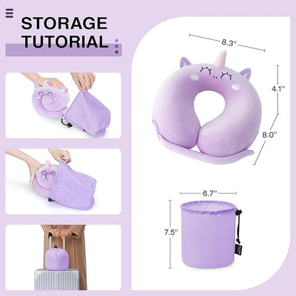 Car Pillow for Big Kids Travel Neck Pillows, Foam Neck Support Travelling Pillow with Washable Cotton Pillowcases and Storage Bag, for Airplane, Train, Flight and Home Use Unicorn Purple