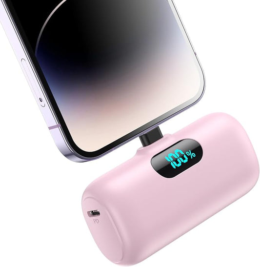 Mini Portable Charger for iPhone,Upgraded 5000mAh PD Fast Charging Battery Pack,LCD Display Cute Power Bank Portable Phone Charger for iPhone 14/14 Pro Max/13/13 Pro/12 Pro/11/XS/XR/X/8/7/6-Pink