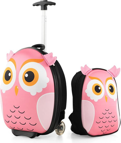 HONEY JOY Kids Luggage, 12” Children Hardshell Backpack & 16” Toddler Travel Rolling Suitcase, 2 Pcs Lightweight Carry On Luggage Set, Kids Luggage with Wheels for Girls & Boys(Pink Owl)
