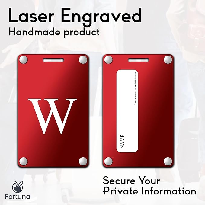 Premium 3-Layer Aluminum Luggage Tags by Fortuna - Easy to Claim, Laser-Engraved, Plastic-Free, and Eco-Friendly Luggage Tag Holders, 2-Pack, Red (W)