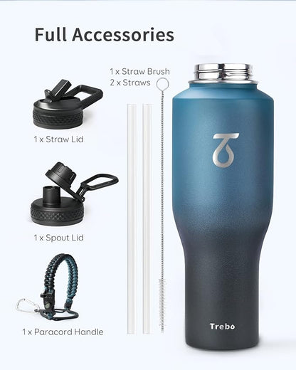Trebo 40 oz Water Bottle Insulated Fit in Any Car Cup Holder,Triple Wall Vacuum Insulated Water Bottle (Cold for 48 Hrs, Hot for 24 Hrs),Leakproof Stainless Steel Tumbler Flask with Paracord Handle