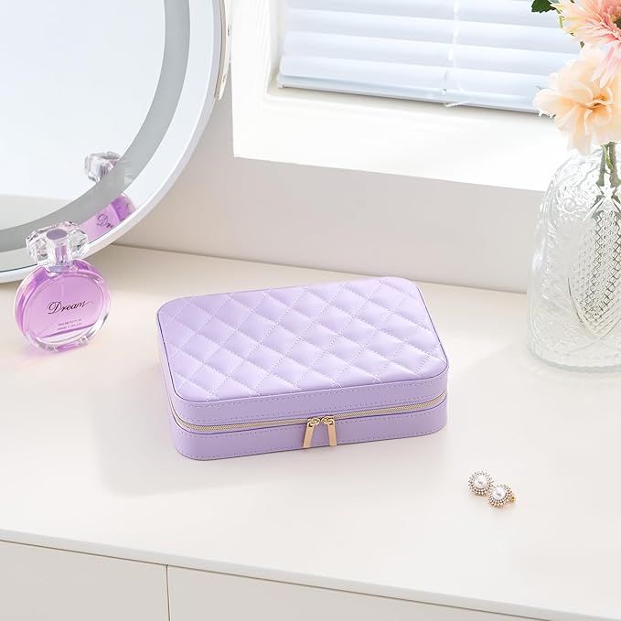 Lolalet Travel Jewelry Case for Women Girls, Travel Jewelry Organizer Box with Mirror & Clear Storage Bag, Small Portable Earring Necklace Bracelet Ring Case, Birthday Christmas Gifts -Medium, Purple