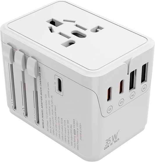 Universal Travel Adapter Worldwide- 35W GaN III/PD Fast Charge European Travel Plug Adapter with 3 USB-C& 2 USB-A Ports, International Power Adapter for US to Europe UK AUS Japan(Type C/G/A/I) (white)