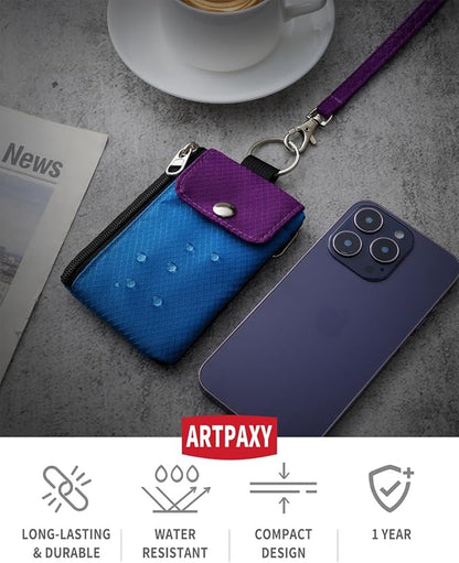 Minimalist Wallet For Mens Womens, Keychain RFID Blocking Zipper Small Wallet with ID Window 2 Lanyards,Water Resistant Travel Cash Card Coin Case Boys Girls