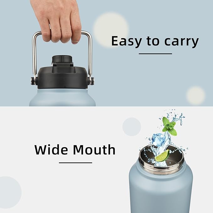 1 Gallon Jug with Handle,128 oz Insulated Water Bottle with Carrying Pouch, Double Wall Vacuum Stainless Steel Metal Bottle,Storm Blue