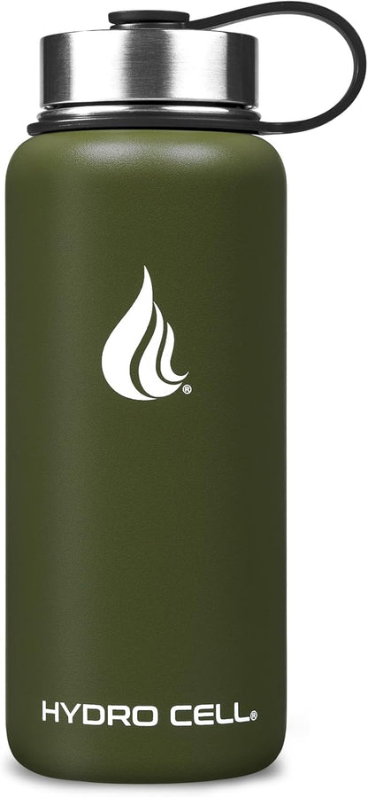 HYDRO CELL Stainless Steel Insulated Water Bottle with Straw - For Cold & Hot Drinks - Metal Vacuum Flask with Screw Cap and Modern Leakproof Sport Thermos for Adults (Army 32oz)